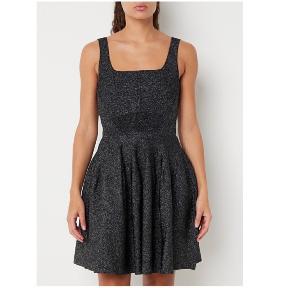TED BAKER London Glitzia Square Neck Sleeveless Metallic Skater Dress in Black